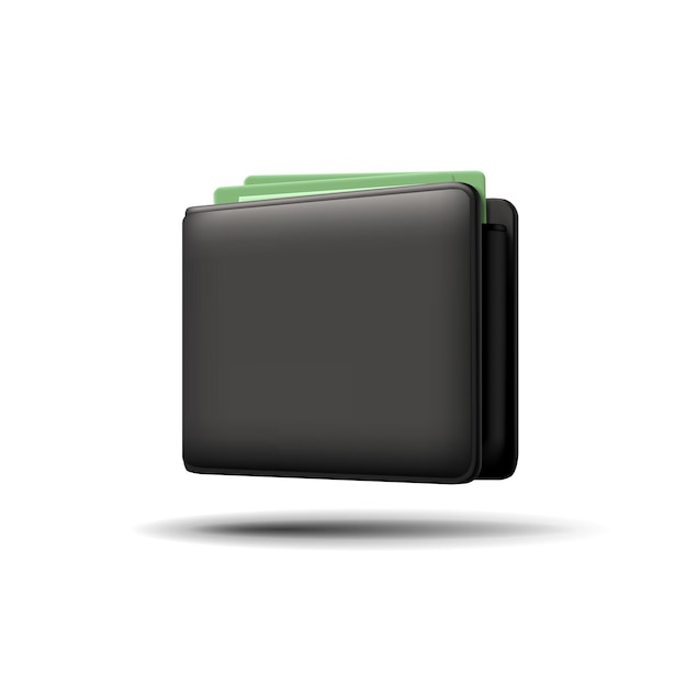 Moderne schwarze brieftasche mit 3d-geld realistische illustration für geschäftsfinanzierungen elektronische einnahmen