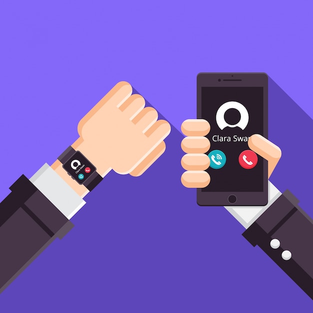 Vektor moderne smartwatch und smartphone synchronisierte verbindungstechnologie-illustration