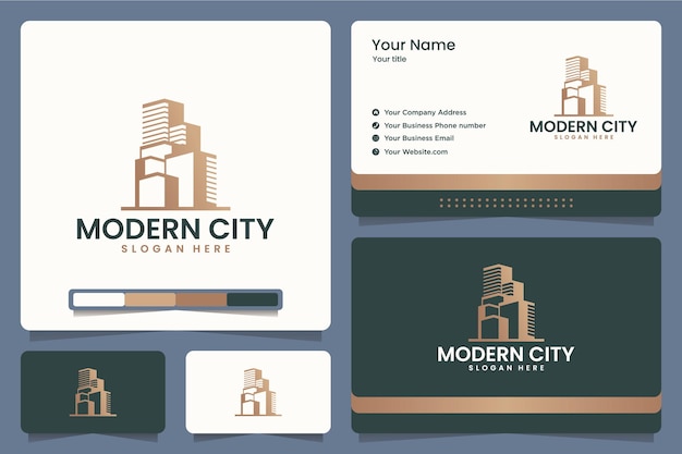 Moderne stadt, gebäude, büro, wohnung, logo-design und visitenkarten