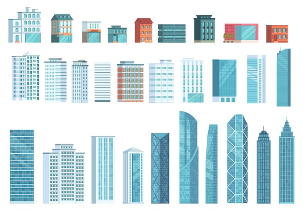 Moderne stadtgebäude. stadt wolkenkratzer gebäude, stadthäuser, geschäftsbüro wolkenkratzer illustration set.