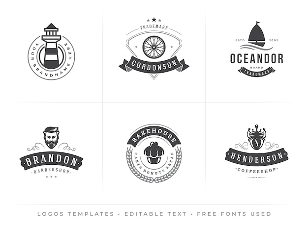 Moderne vintage-logos-vorlagen, die mit bearbeitbaren schriftarten im typografischen retro-hipster-design festgelegt werden