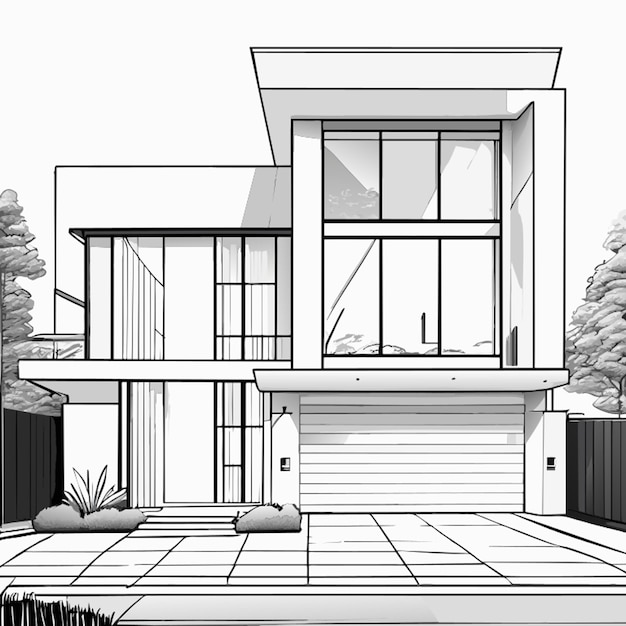 moderne Wohnung Außenperspektive sehr detaillierte Vektorillustration Linienkunst