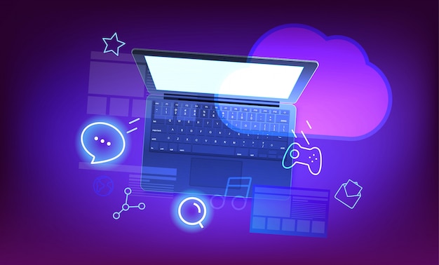 Moderne Wolkentechnologieillustration. Moderner Laptop mit glänzenden Ikonen und