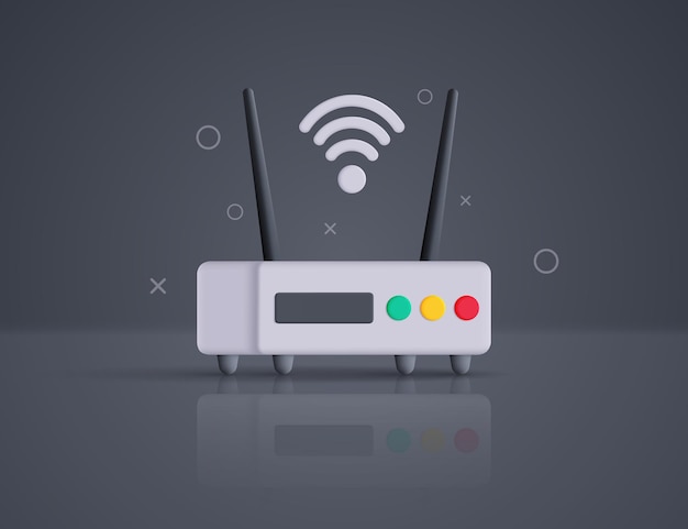 Moderner 3D-Modem-Router mit WiFi-Symbol auf grauem Hintergrund mit geometrischen Formen Vektorillustration