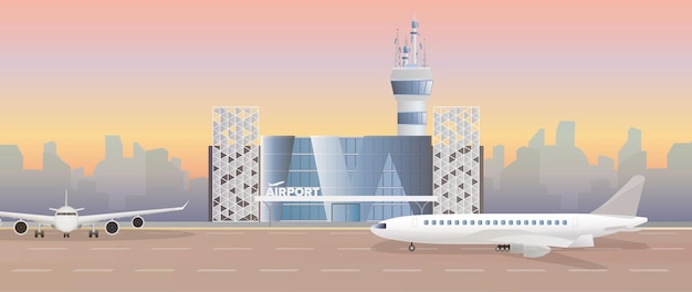 Moderner flughafen. runway. flugzeug auf der landebahn. flughafen in einem flachen stil. stadtschattenbild. illustration