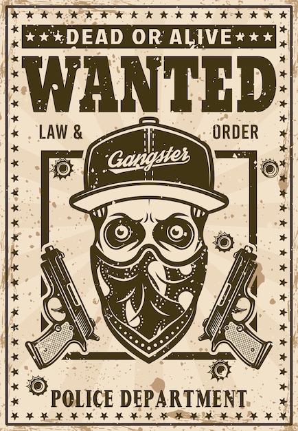 Moderner gangsterschädel in hysteresenhut und bandana auf gesicht wollte poster in vintage-stil-vektor-illustration. überlagerte, separate grunge-textur und text