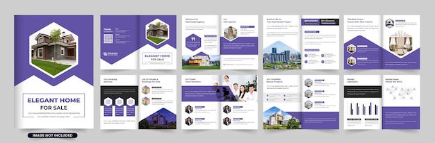 Moderner Immobilienportfolio-Magazin-Vorlagenvektor mit Platzhaltern für Fotos Home Selling Business Booklet Layout-Design mit violetten und dunklen Farben Hausverkaufsbroschürenvektor für Marketing