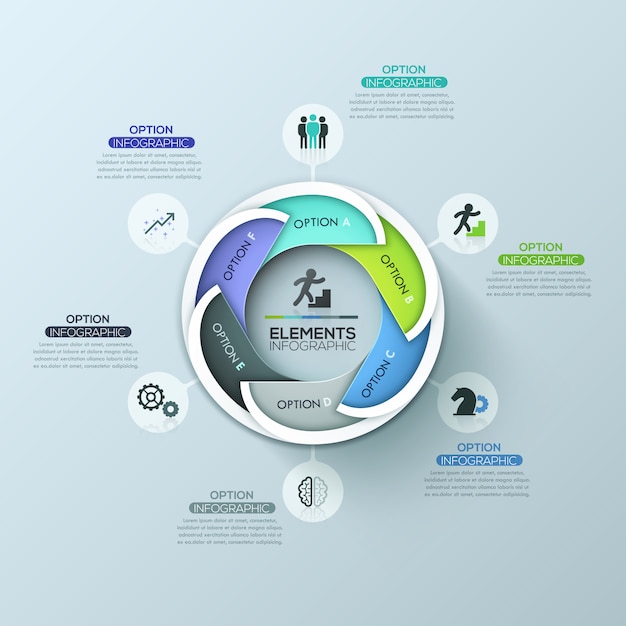 Moderner kreisförmiger infographic entwurf mit 6 beschrifteten überlappenden elementen