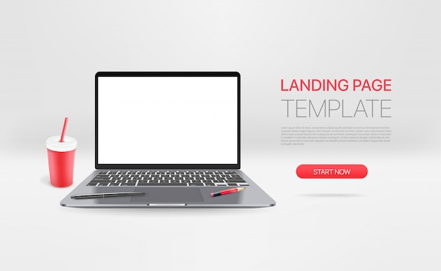 Moderner Laptop mit Getränk. Promo-Landingpage-Vorlage