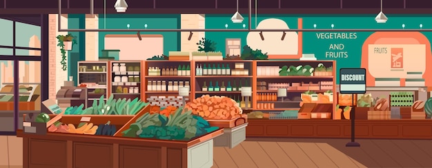 Moderner lebensmittelladen im supermarkt mit lebensmittelregalen, regalen für gemüse, obst und milchgetränken im kühlschrank