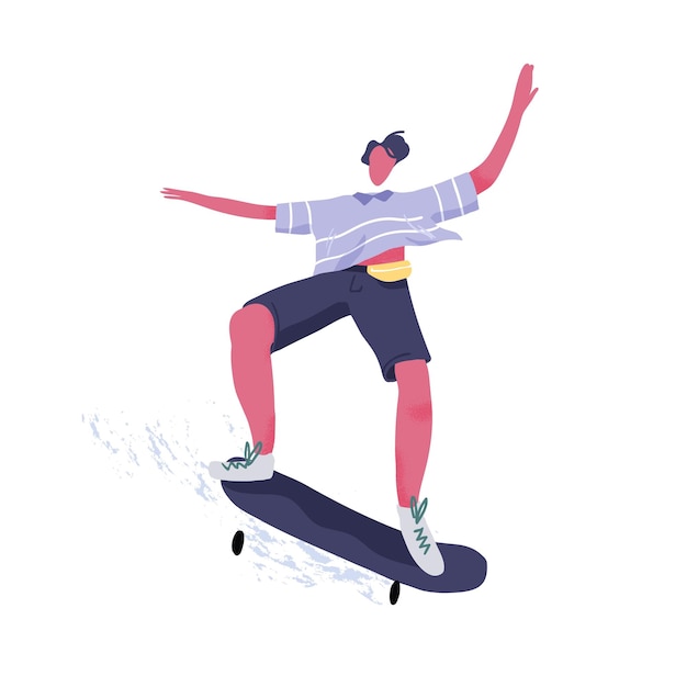 Moderner männlicher Skateboarder, der Skateboard reitet. Junger Mann, der Tricks vorführt und auf einem langen Brett springt. Extremes Skateboarding, Straßensport im Sommer. Flache Vektorillustration lokalisiert auf weißem Hintergrund.