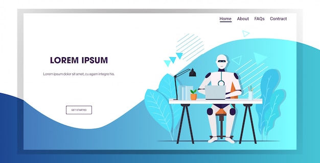 moderner Roboter unter Verwendung eines Laptop-Robotergeschäftsmanns, der am Arbeitsplatz des Geschäftskonzepts der künstlichen Intelligenztechnologie horizontaler Kopierraum in voller Länge sitzt