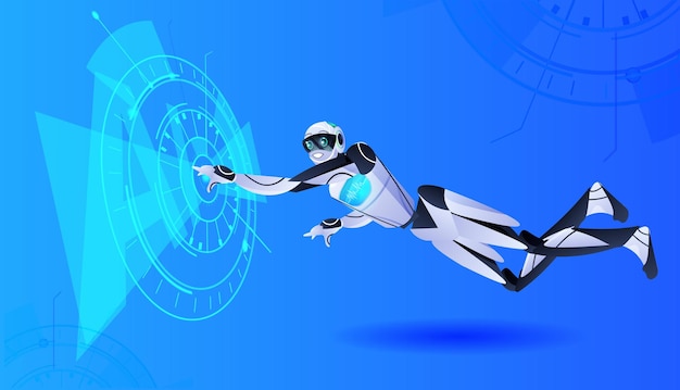 moderner Robotercharakter, der digitales Hologramm-Technologiekonzept der künstlichen Intelligenz berührt touch