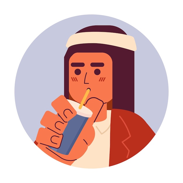 Vektor moderner saudi-typ, der durch stroh trinkt 2d-vektor-avatar-illustration mit kaffee mann mit kaffee cartoon-charakter gesicht smoothie mann araber flache farbe benutzerprofilbild isoliert auf weiß