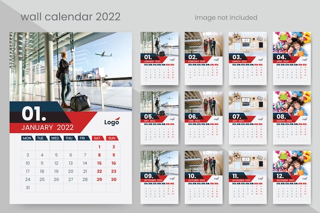 Vektor moderner wandkalender 2022 mit roten kreativen vektorakzenten