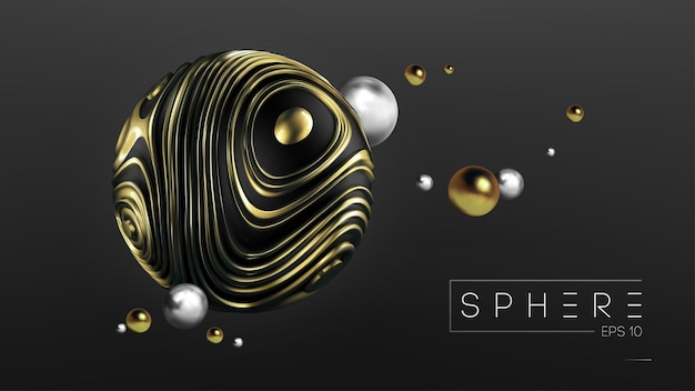 Modernes 3D-Grafikkonzept 3D-Kugel Gold auf schwarzem Hintergrund für Webdesign Modernes abstraktes flüssiges Rauschen flüssiger Formhintergrund Vector mesh bronze gold