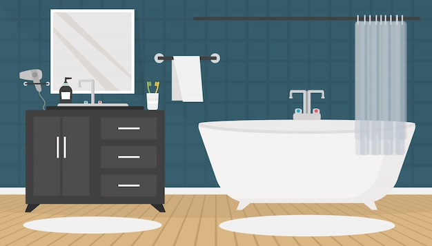 Modernes Badezimmerinterieur mit Möbeln im flachen Stil