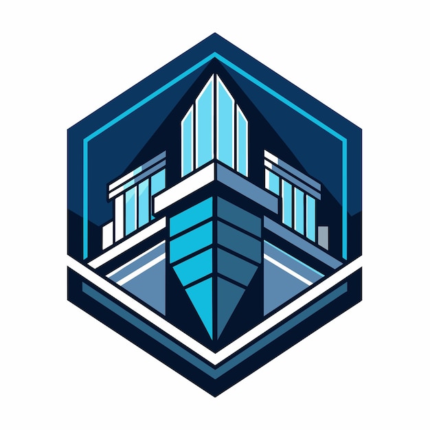 Vektor modernes blau-weißes logo mit einem eleganten geometrischen design eines gebäudes ein elegantes geometrisches design, das eine hightech-produktionsanlage darstellt