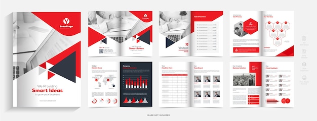 Vektor modernes broschüren-vorlagen-design mit rotem farbverlauf formt mehrseitiges business-broschüren-design