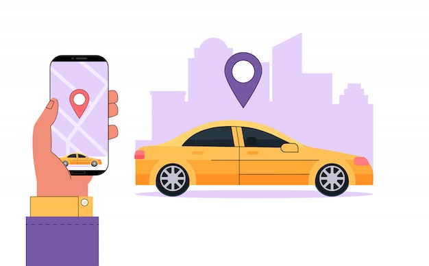 Modernes Carsharing- oder Mietwagen-Servicekonzept. Hand hält Smartphone mit Informationen eine App, um einen Autostandort zu finden.