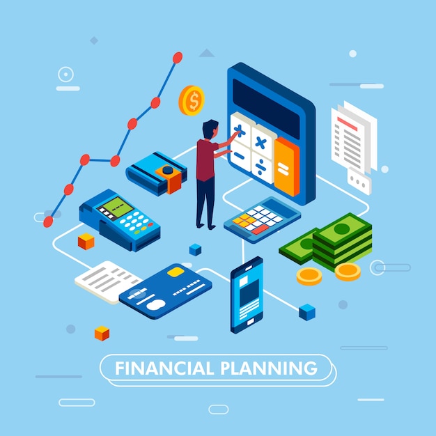 Modernes Design der Geldersparnis und der Finanzplanung unter Verwendung des Smartphone mit Geldbörse, Grafik, Geld, Kartenrechnerillustration