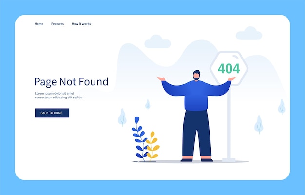 Modernes flaches Design-Konzept-Mann mit verwirrten Gesten, der vor 404-Schilder-Seite steht, die für Website und mobile Website-Leere Staaten nicht gefunden wurden