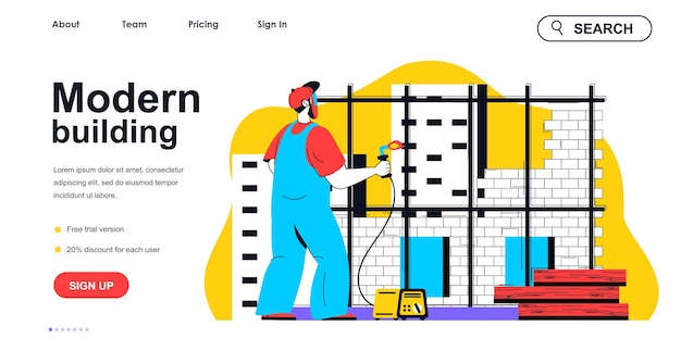 Modernes gebäudekonzept für landing-page-vorlage builder, der metallkonstruktionen bearbeitet und schweißt immobilien bau menschen szene vektor-illustration mit flachem charakter-design für web-banner