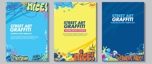 Modernes graffiti-kunstposter oder flyer-design mit bunten tags, werfen. handgezeichnete graffiti-designs