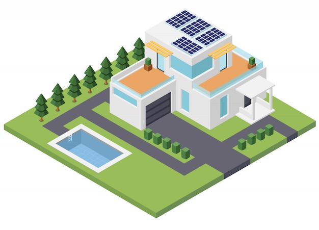 Vektor modernes haus mit solarversorgung. alternative energie. isometrische vektorillustration der ansicht 3d lokalisiert