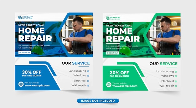 Modernes hausbau- und reparaturservice-template-design mit grünen und blauen farben home repair service social media post vektor für online-marketing vorlage für die förderung von home renovation business promotion