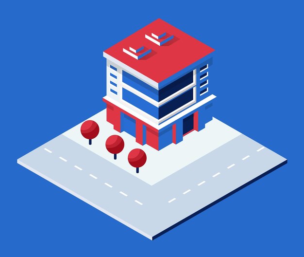Modernes isometrisches Gebäude mit Straße und Bäumen auf blauem Hintergrund