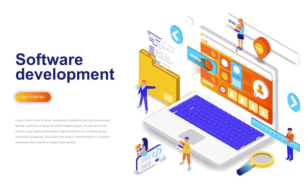 Modernes isometrisches konzept des flachen designs des software-entwicklung.