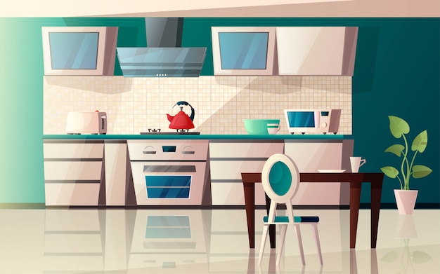 Modernes Kücheninterieur mit Ausstattung. Ofen, Mikrowelle, Wasserkocher, Toaster, Dunstabzugshaube, Tisch, Stuhl und Topf mit Pflanze. Karikaturillustration.