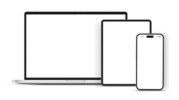 Modernes Laptop-Mockup Frontview und hochwertiges Smartphone- und Tablet-Mock up, isoliert auf weißer Rückseite
