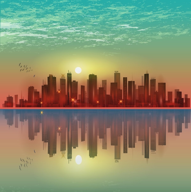 Modernes nächtliches Stadtbild im Mondlicht oder bei Sonnenuntergang mit Reflexion im Wasser und bewölkten Himmel