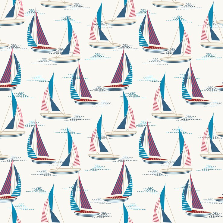 Modernes Ozeanstrand-Windsurfen-Illustrationssegelboot mit Streifen nahtlosem Muster Vektor EPS10