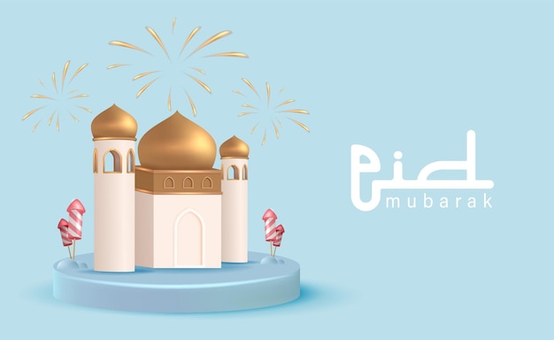 Modernes realistisches Eid Mubarak-Design 3D mit Moschee-Figur-Vektor-Illustration