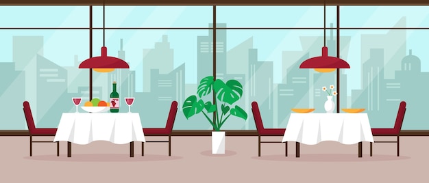 Modernes Restaurantinterieur mit großem Panoramafenster und Blick auf die Stadt.