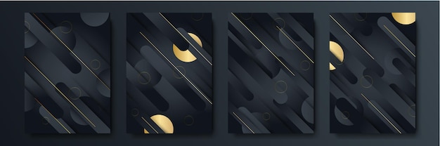 Modernes schwarzes goldstreifen-abdeckungsdesign-hintergrundset. luxuriöses kreatives goldenes dynamisches diagonales linienmuster. formaler premium-vektorhintergrund für geschäftsbroschüre, poster, notizbuch, menüvorlage