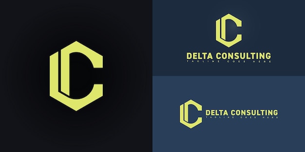 Modernes Sechseck-Vektor-Initialliter DC oder CD-Logo in gelber Farbe, isoliert auf mehreren Hintergründen