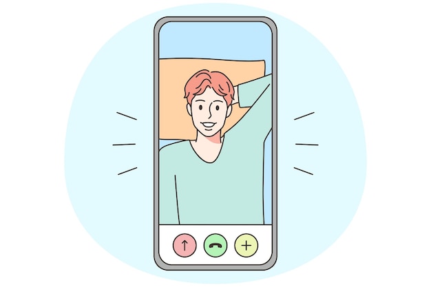 Vektor modernes smartphone mit lächelndem jungen mann auf dem bildschirm bei videoanruf. glückliches männliches gespräch vor der webcam auf dem mobiltelefon. online-kommunikation, vektorillustration
