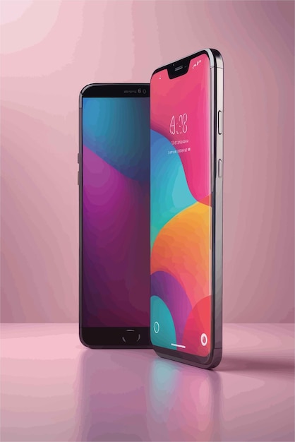 Vektor modernes smartphone-modell mit abstraktem, farbenfrohem hintergrund. 3-d-rendering. modernes smartphone-modell mit