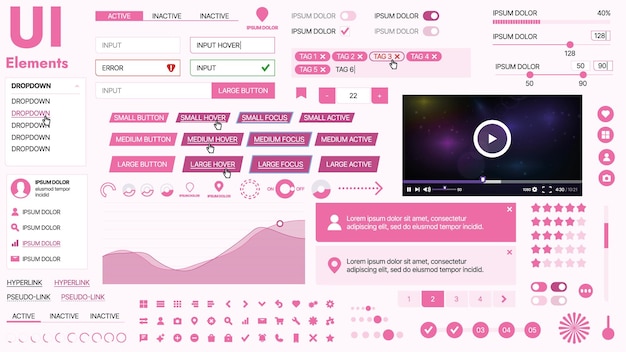 Modernes UI-Kit mit einer Sammlung wesentlicher Tasten, Ikonen und Navigationselemente für Websites und mobile Apps Ideal für responsives Design und Dashboards