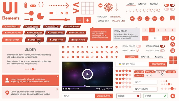 Modernes UI-Kit mit einer Sammlung wesentlicher Tasten, Ikonen und Navigationselemente für Websites und mobile Apps Ideal für responsives Design und Dashboards