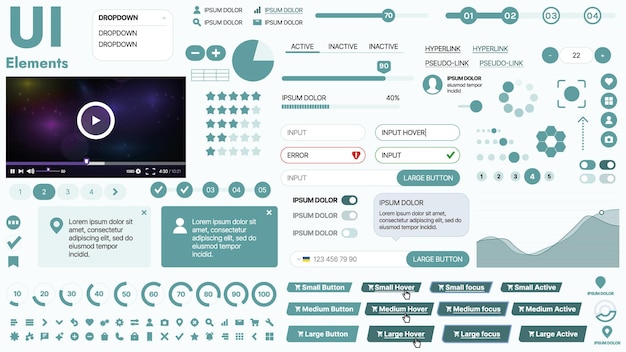 Modernes UI-Kit mit einer Sammlung wesentlicher Tasten, Ikonen und Navigationselemente für Websites und mobile Apps Ideal für responsives Design und Dashboards