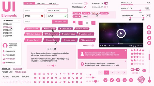 Modernes UI-Kit mit einer Sammlung wesentlicher Tasten, Ikonen und Navigationselemente für Websites und mobile Apps Ideal für responsives Design und Dashboards