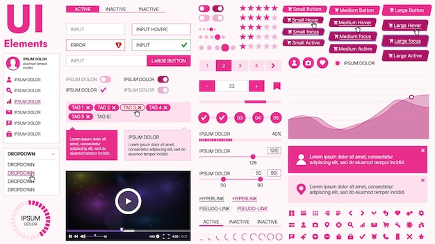 Modernes UI-Kit mit einer Sammlung wesentlicher Tasten, Ikonen und Navigationselemente für Websites und mobile Apps Ideal für responsives Design und Dashboards