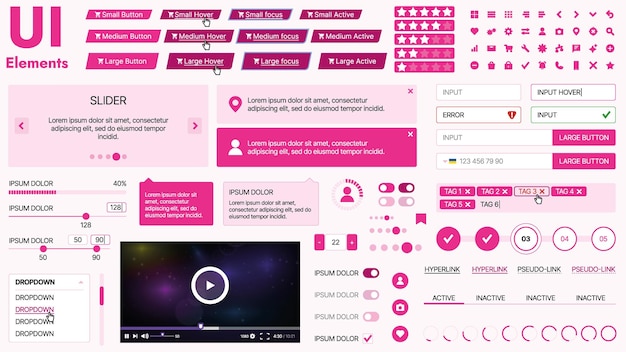 Modernes UI-Kit mit einer Sammlung wesentlicher Tasten, Ikonen und Navigationselemente für Websites und mobile Apps Ideal für responsives Design und Dashboards