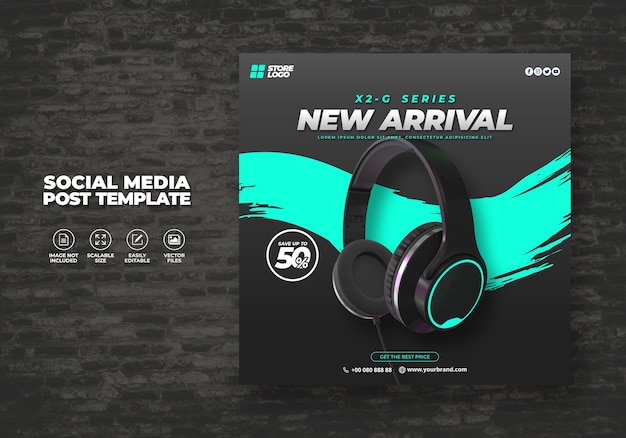 Modernes und elegantes schwarzfarbes drahtloses headphone-markenprodukt für social media template banner