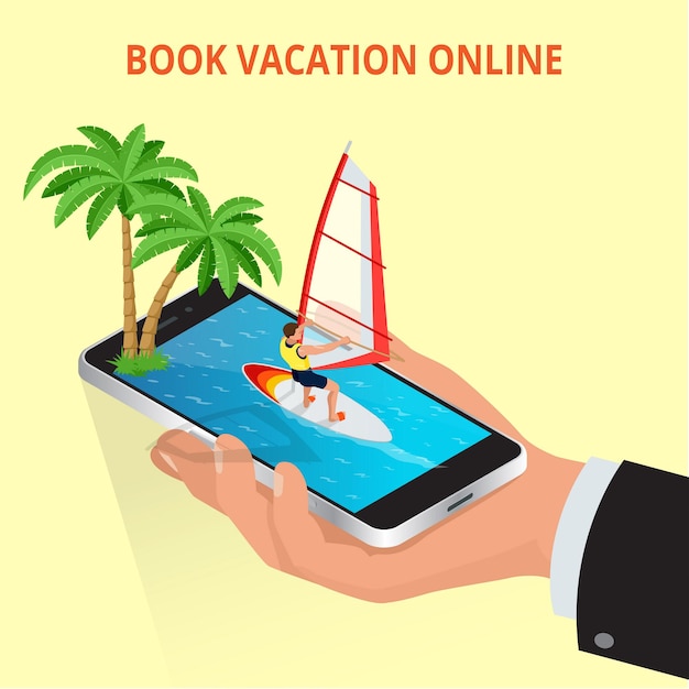 Modernes Vektorkonzept des Reisens, Online-Buchung, Planung eines Sommerurlaubs. Reisen Flugtickets Resort Hotelbuchung Mobile App Mockup Showcase. Flache isometrische 3D-Vektorillustration